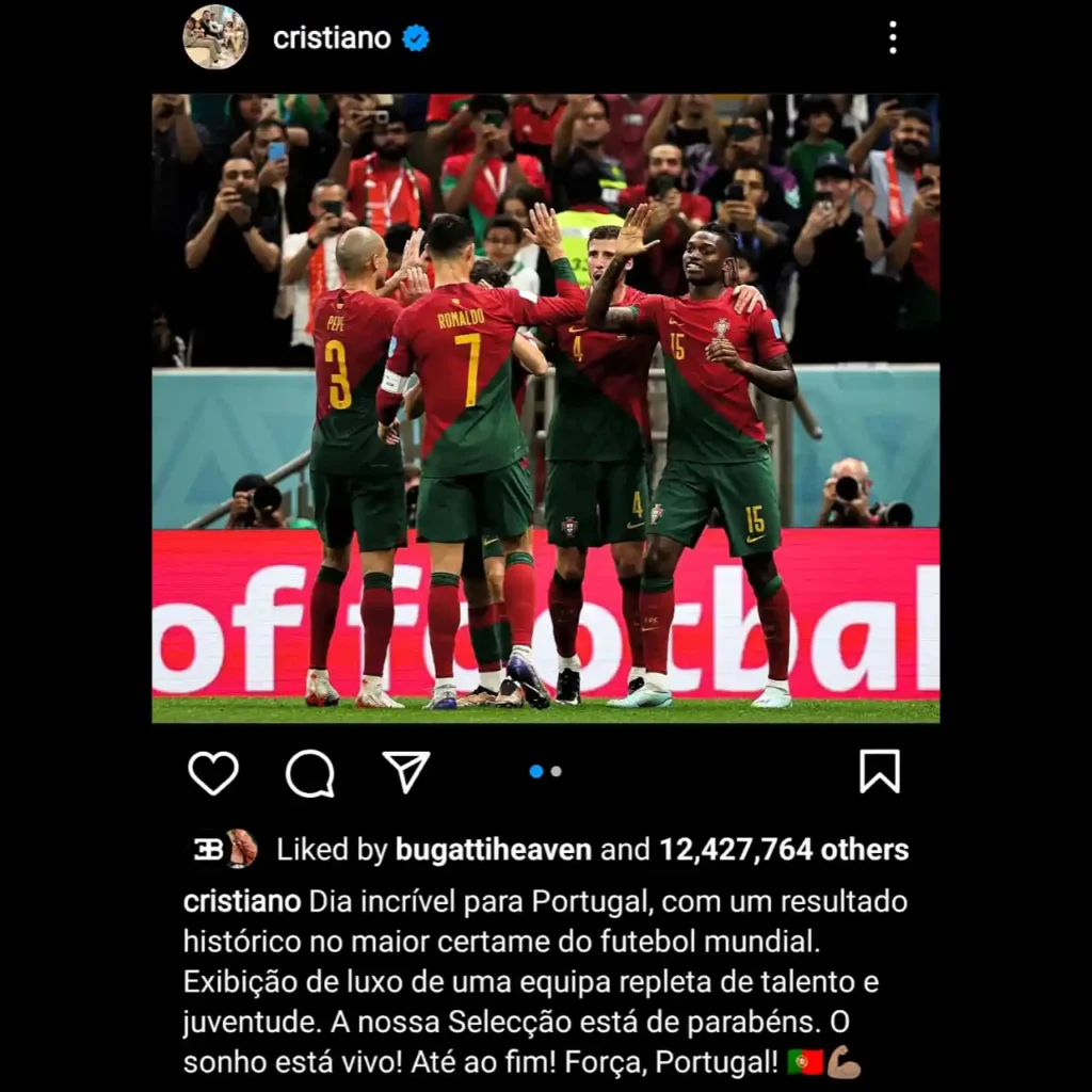 Cristiano Ronaldo's congratulating Instagram post for Portuguese team mates