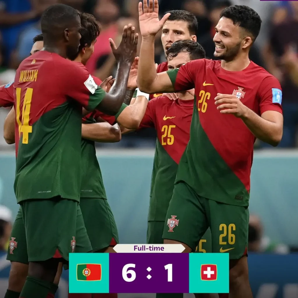 Portugal football team celebrating after goal against Switzerland in FIFA World Cup Portugal vs Switzerland match