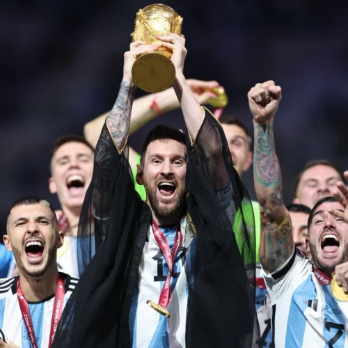 FIFA World Cup 2022 winner Argentina, Lionel Messi and Argentine teammates clinching FIFA World Cup